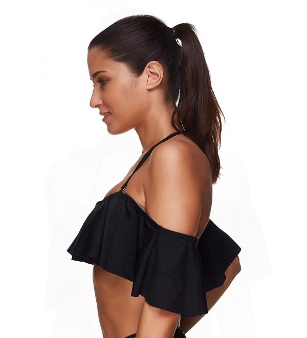 Womens Ruffles Off Shoulder Halter Bikini Top Black CL183L7CHE2