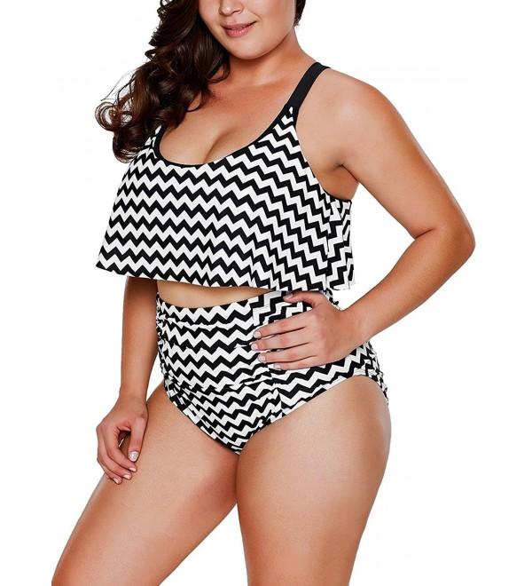 Womens Black White Zigzag Should Straps Flounce High Waist Bikini