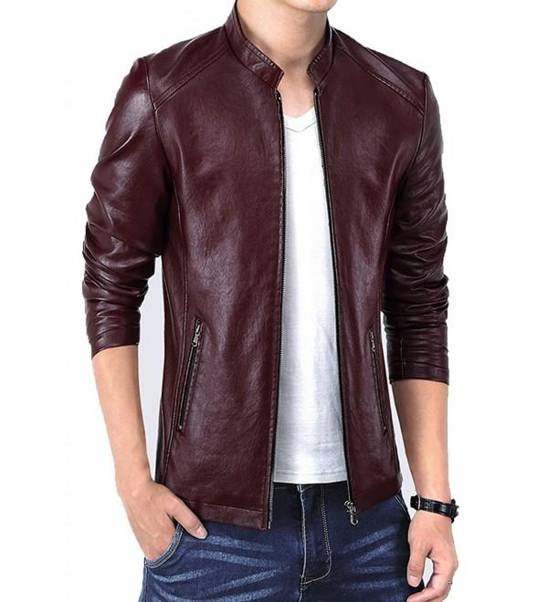 Men's Vintage Stand Collar Leather Jacket - Wine Red - CY12MRUBFL5