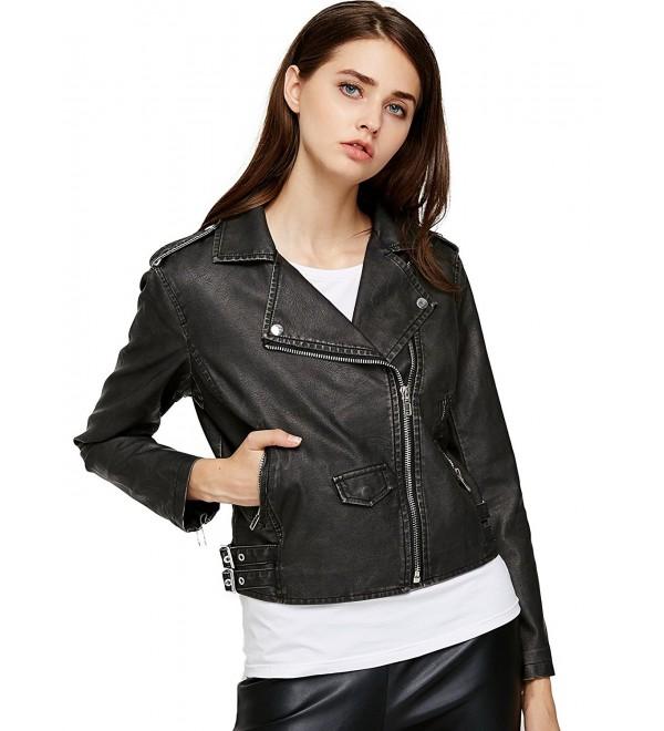 Women's Faux Leather Jacket Vintage Moto Biker Short Coat - Black ...