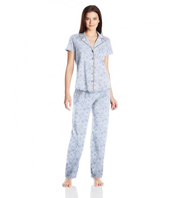 Women's Cotton Notch Collar Pajama Set - Large Floral - C412O4QFX4M