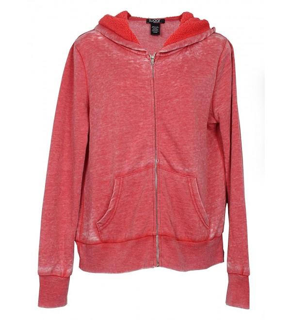 Junior's Zippered Cotton Blend Fashion Hoodie - Distressed Red ...
