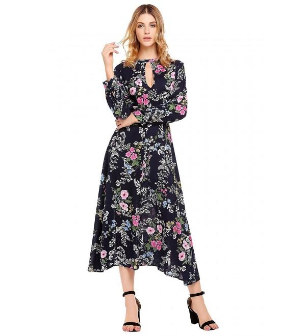 Women Keyhole Neck A Line Floral Print Long Maxi Dress - Pattern2 ...