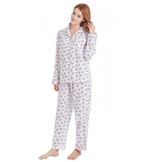 Women's 100% Cotton Pajamas- Long Sleeve Woven PJ Set Sleepwear - White ...