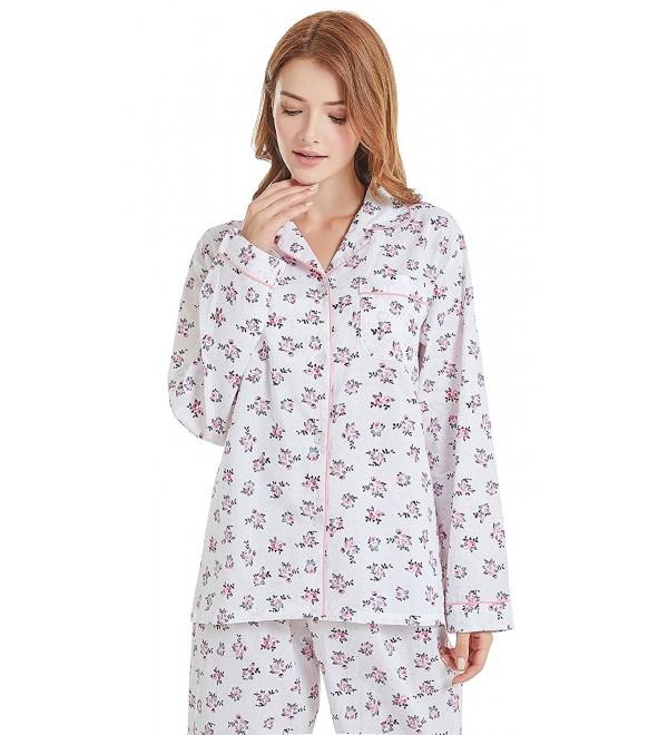 Women's 100 Cotton Pajamas Long Sleeve Woven PJ Set Sleepwear White