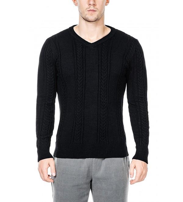 Men's Slim Fit Cable Knit Long Sleeves V-Neck Pullover Sweater - Black ...