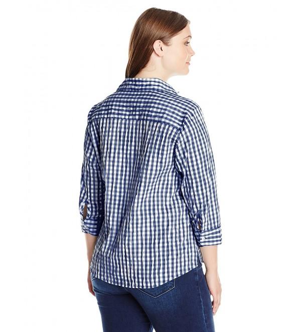 Women's Petite Size 3/4 Sleeve Sue In Crinkle Gingham Shirt - Navy ...