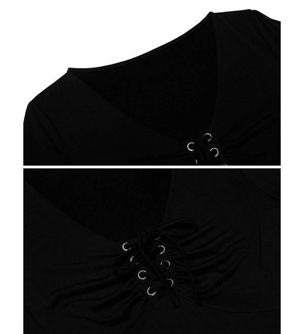 Womens Sexy V Neck Pleated Front Long Bell Sleeve Blouse Tops Black Ci18c3satho 6178