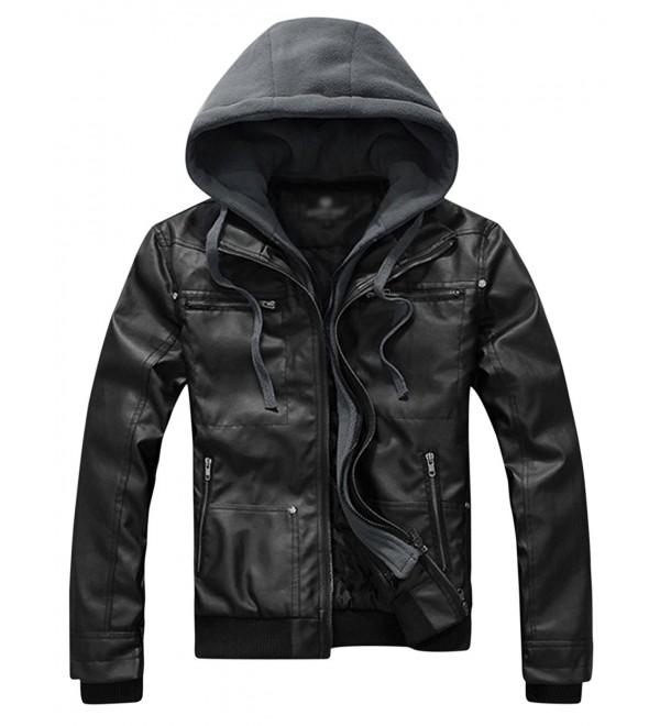 Men's Casual Slim Removable Hood Faux Leather Jackets - Black - CZ183NEKYRE