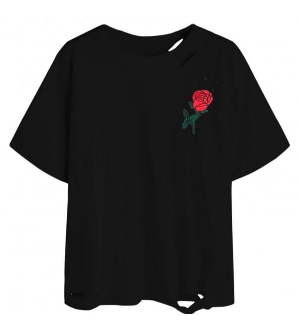 Women Summer Rose Embroidery Hole Blouse Short Sleeve T-Shirt - Black ...