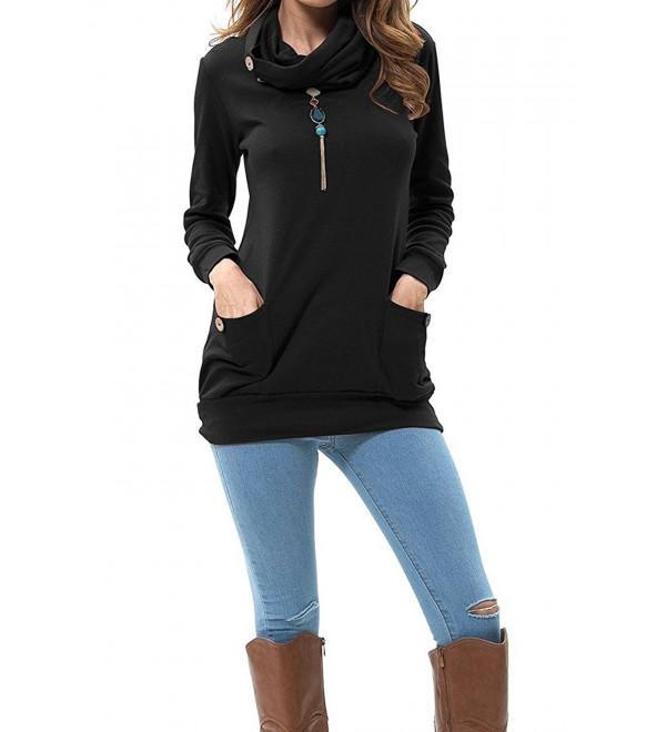 Womens Long Sleeve Casual Buttons Cowl Neck Tunic Tops With Pockets ...