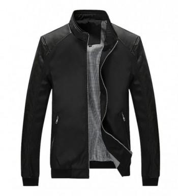 Men's Casual Stand Colar Slim Fit Leather Sleeve Bomber Jacket - Black ...