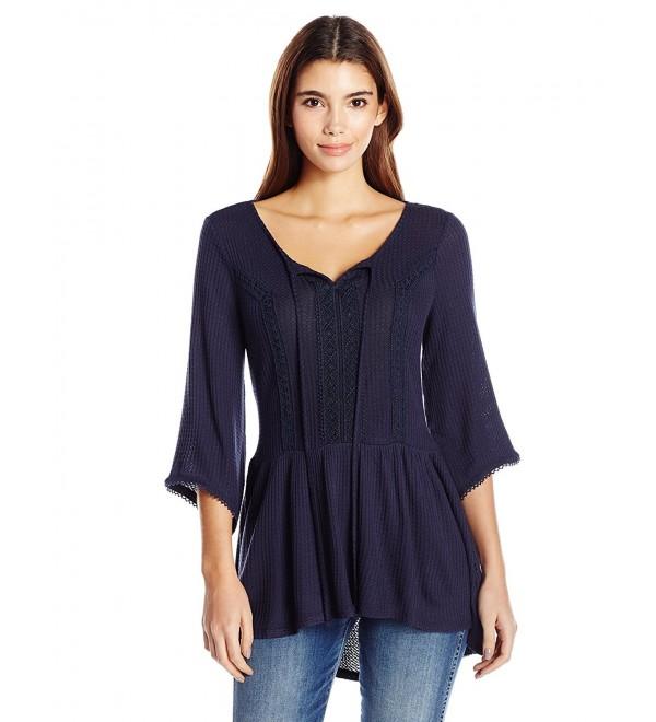 Women's Petite Size Bell Sleeve Waffle Knit Tunic Top With Lace Trim ...