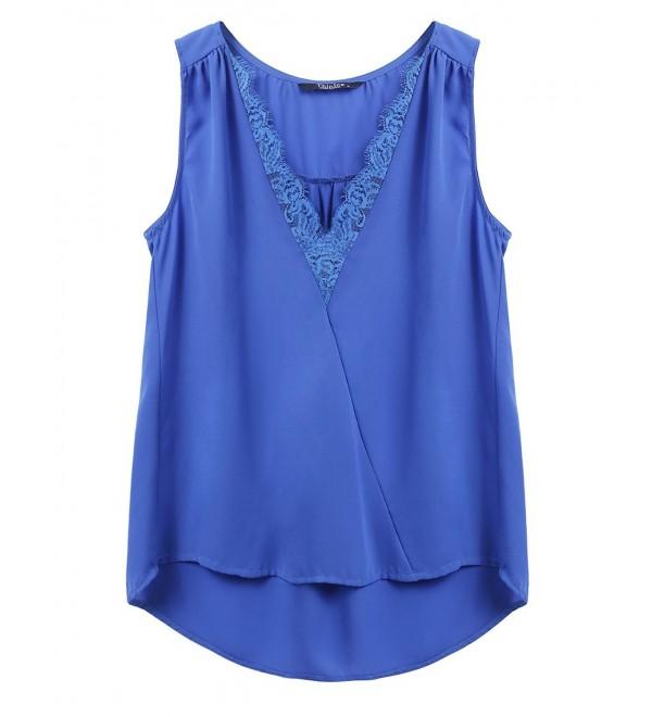 Womens Sleeveless Deep V Neck Lace Crochet Chiffon Blouse Tank Top S ...