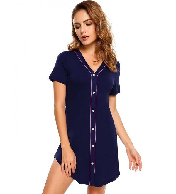 Cotton Sleep Shirt Dress Womens Pajama Button Down Contrast Color ...