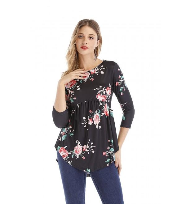 Women 3/4 Sleeve Black Floral Print Ruffle Detailed Peplum Tunic ...