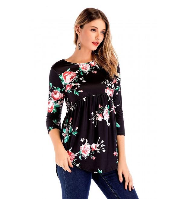 Women 3/4 Sleeve Black Floral Print Ruffle Detailed Peplum Tunic ...