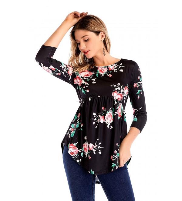 Women 3/4 Sleeve Black Floral Print Ruffle Detailed Peplum Tunic ...