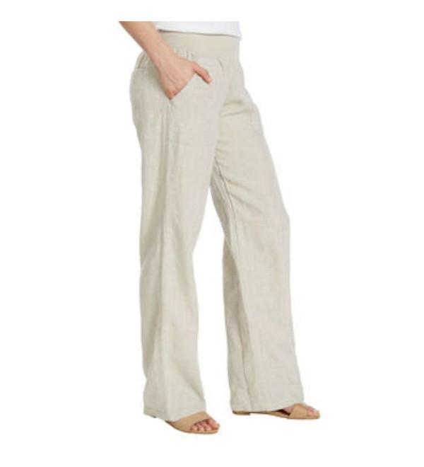 Ladies' Linen Pant- 100% Linen Elastic Waistband - Tan - C512O9TTHEA