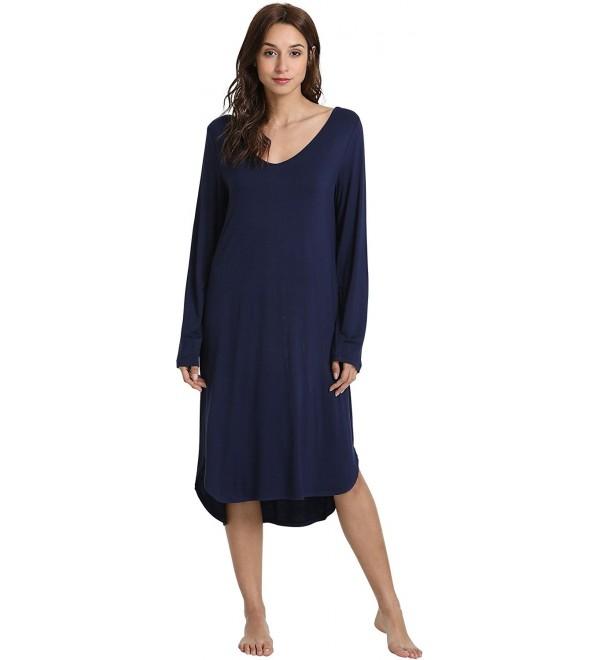 Women's Long Sleeve Nightgown V Neck Sleep Shirt - Navy - CM18CG8KK4Y