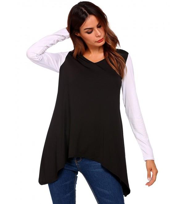 Women Long Sleeve Contrast Color Patchwork Tunic Tops - Black - CW184QAMIWN