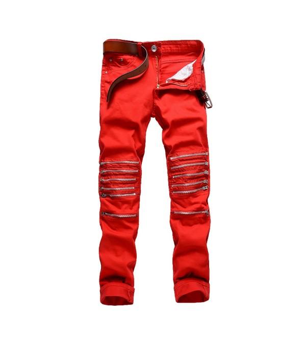 Men's Straight Fit Destroyed Zippers Skinny Jeans (Without Belts) - Red ...