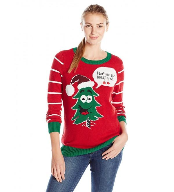 Women's Christmas Tree Balls on Me Pullover Sweater - Cayenne - C812KDTQPX5