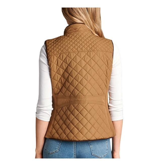 Women's Lightweight Suede Contrast Quilted Zip Up Vest Jacket - Camel ...