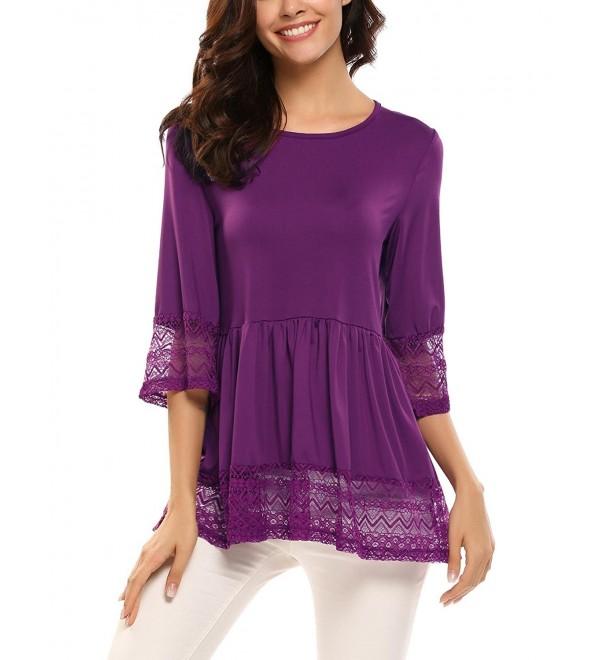 Women Fashion 3/4 Sleeve Boho Lace O-neck Sleeves Blouse Tops - Purple ...
