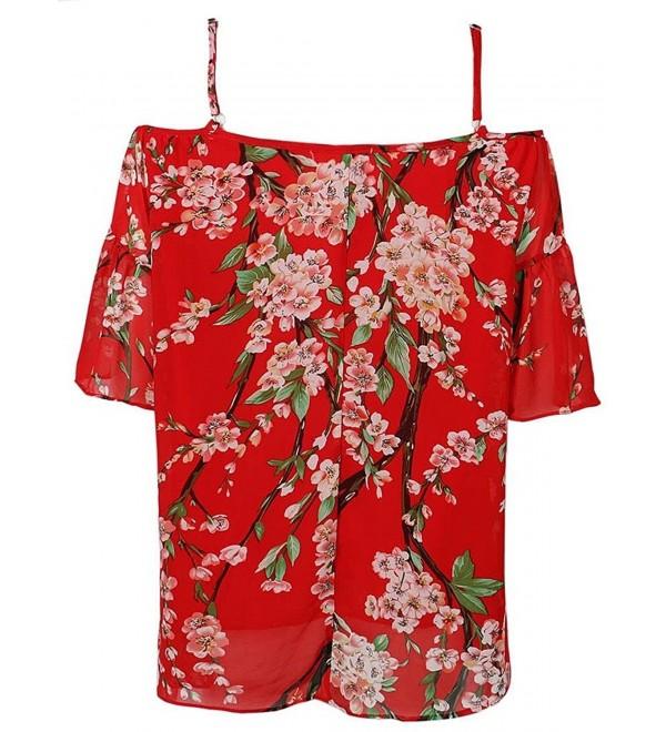 CR Women's Red Spaghetti Strap Sakura Floral Print Chiffon Blouse - Red ...