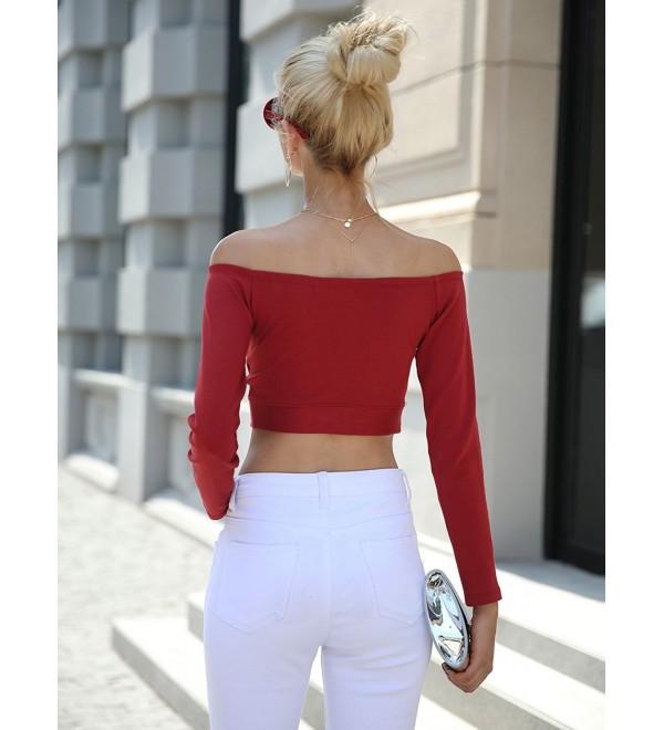 Simplee Womens Sexy Off Shoulder Long Sleeve Top Tees Bow Tie Knotted Crop Tops Burgundy 