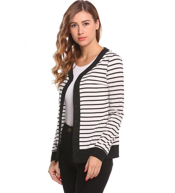 Women Striped Knit V Neck Long Sleeve Button Down Cardigan - Black ...