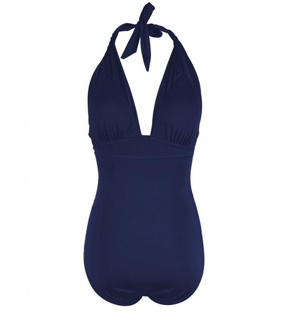 Women's Swimwear Retro Halter One Piece Swimsuit - Blue - CZ184Q4772A