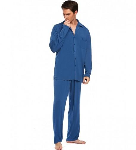 Men's Cotton Pajamas Long Sleeve Sleepwear Woven PJ Set M-3XL - Blue ...