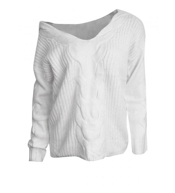 Womens Sexy One Shoulder Long Sleeve Chunky Cable Knit Sweater White