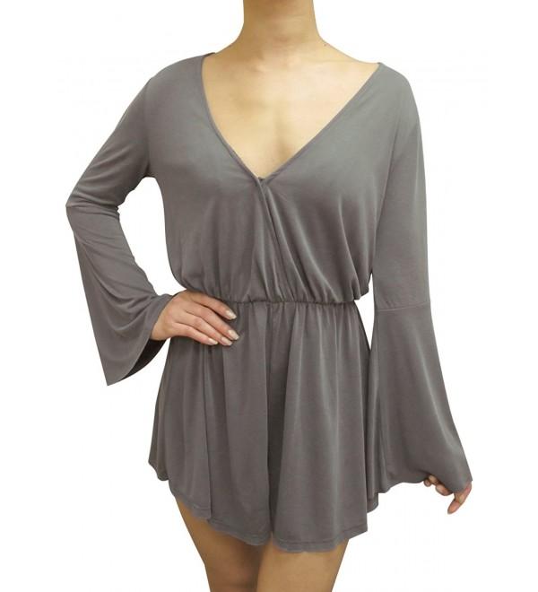 Womens Casual Stretch Long-Sleeve Plunging Deep V-Neck Romper Playsuit ...