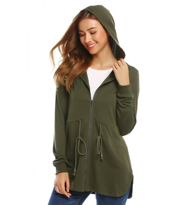 Women's Long Sleeve Curved Hem Zip Up Hooded Jacket With Drawstring ...