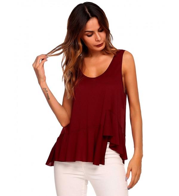 Womens Summer Sleeveless Ruffle Hem Pleated Casual T Shirt Tank Tops Wine Red Cj184c4z9si