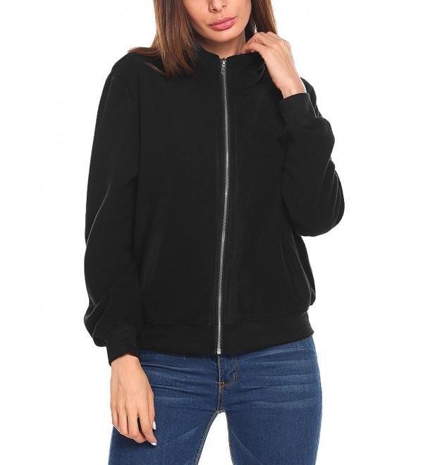 Women's Fleece Coat Full-Zip Stand Collar Biker Bomber Jacket - Navy ...