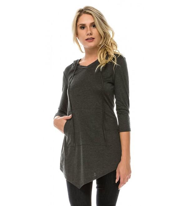 Womens Hoodie 3/4 Sleeve Casual Pocket Tunic Shirts - Charcoal Gray ...