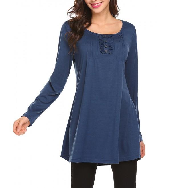 Women Casual Tunic Round Neck Long Sleeve Button Pleated Tee T Shirt ...