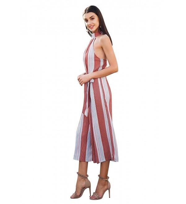 Womens Summer Loose Halter Sleeveless Striped Wide Leg Jumpsuit