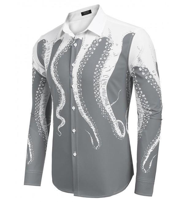 Men's Octopus Printing Shirt Stylish Slim Fit Button Down Long Sleeve ...