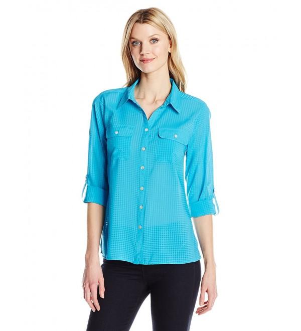 Women's 3/4 Roll Tab Solid Y Neck Utility Blouse - Turquoise Ocean ...