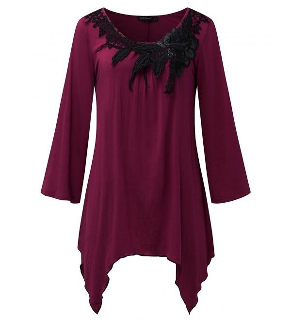 Women's Loose Lace Irregular Flowy Hem Blouse 3/4 Sleeve Shirt Tunic ...