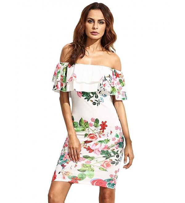 Women's Floral Ruffle Off Shoulder Party Sexy Bodycon Dress - White ...