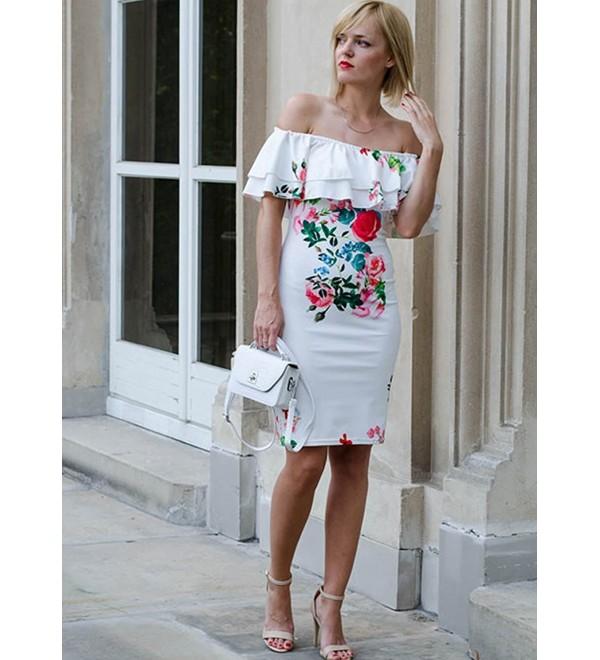 Women S Floral Ruffle Off Shoulder Party Sexy Bodycon Dress White Cy12kb5xqd3