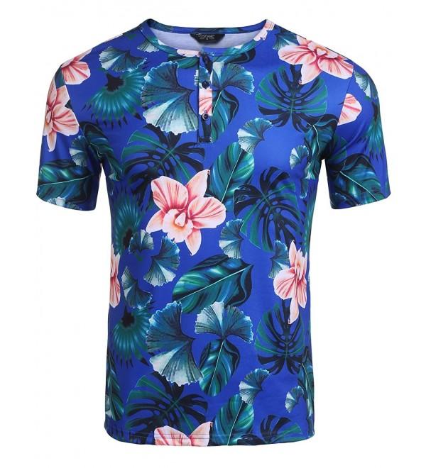 Men's Fashion 3D Tropical Floral Print Short Sleeve Henley T-Shirt ...