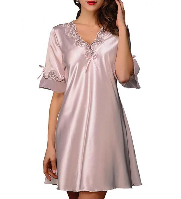 Womens Sexy Satin Chemise Nightgown Silky Lace Slip Sleepwear Pink