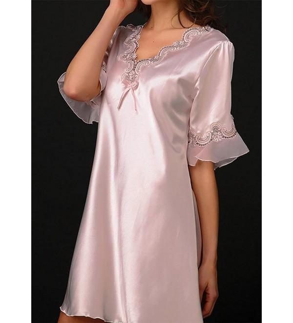 Womens Sexy Satin Chemise Nightgown Silky Lace Slip Sleepwear Pink C012ic87b87